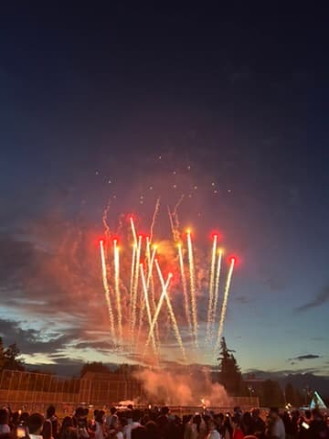 Fireworks over a crowd at dusk