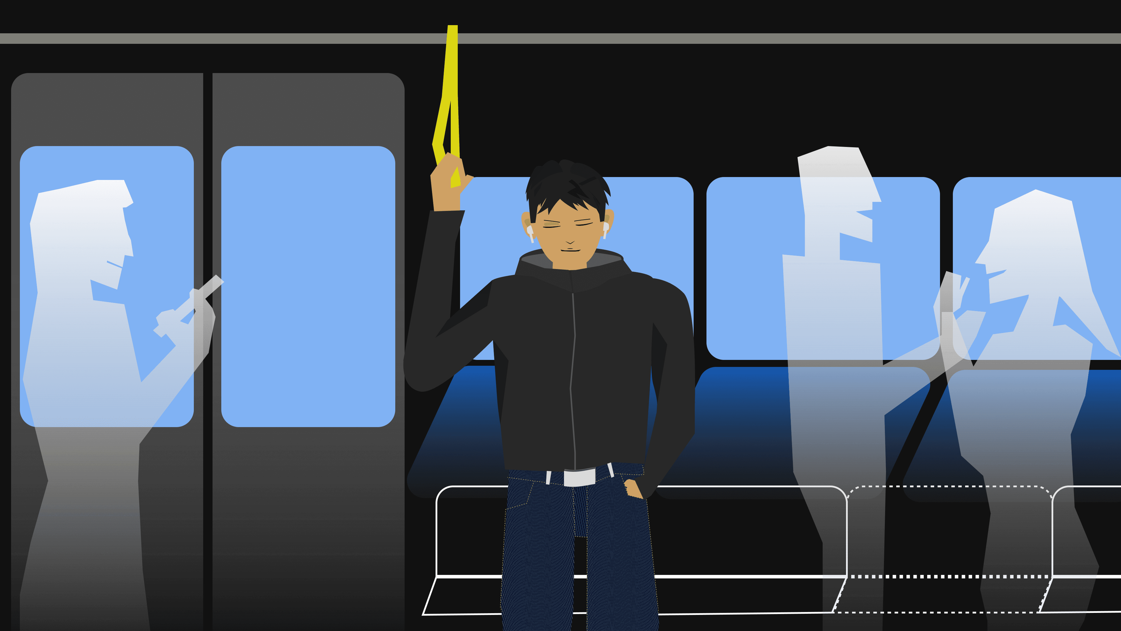 Illustration of Kenny holding a subway hand strap